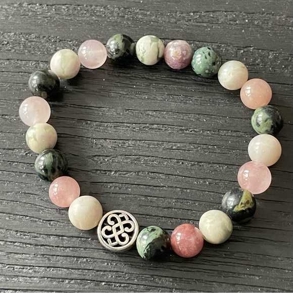 Natural Stone 8mm Boho Bead Bracelet 7 Inches - Tourmaline Jasper Agate - Picture 5 of 10